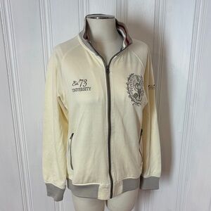 IKKA Cream Varsity Zip Jacket | Embroidered | Preppy Stripes | L